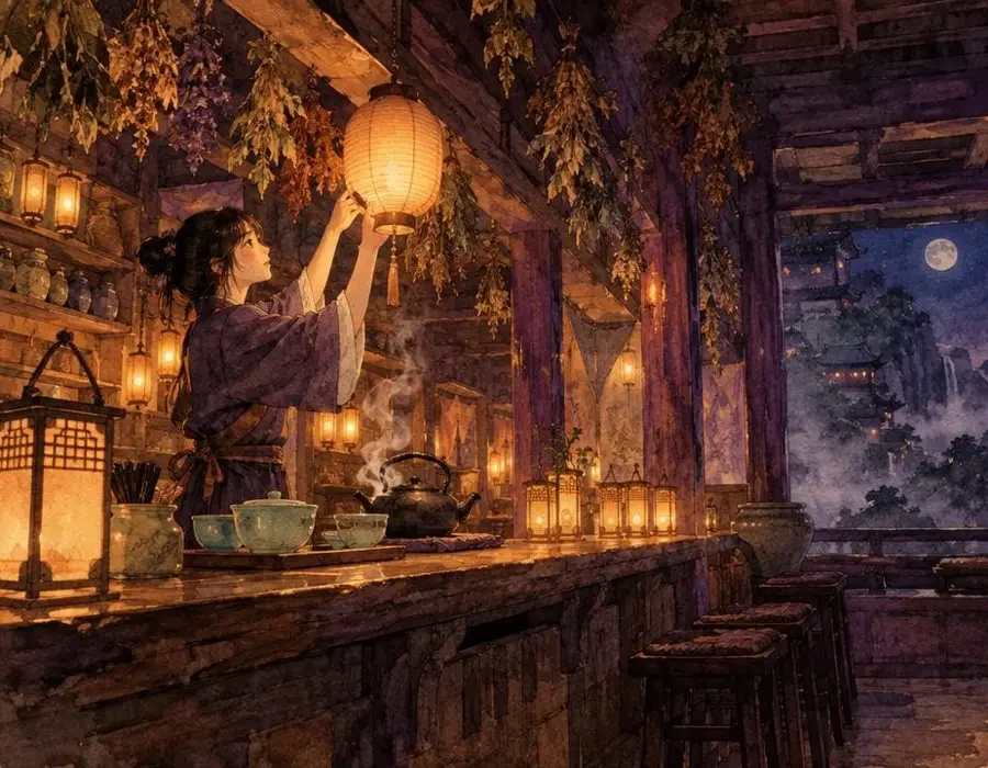 山路驿馆内部的狐灯柜台，小二正在点灯